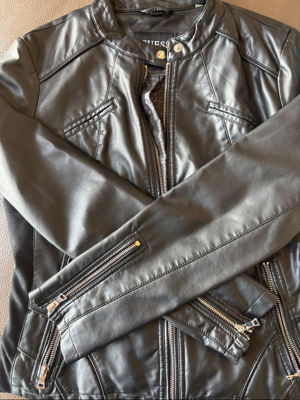 Guess Black Faux-Leather Moto Jacket with Silver Hardware